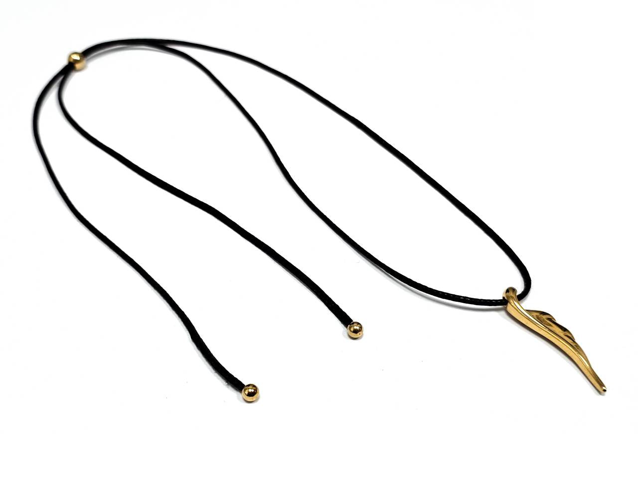 Γυναικείο Κολιέ με Μαύρο Κορδόνι και Χρυσό Μενταγιόν Φτερό | 2512-121X