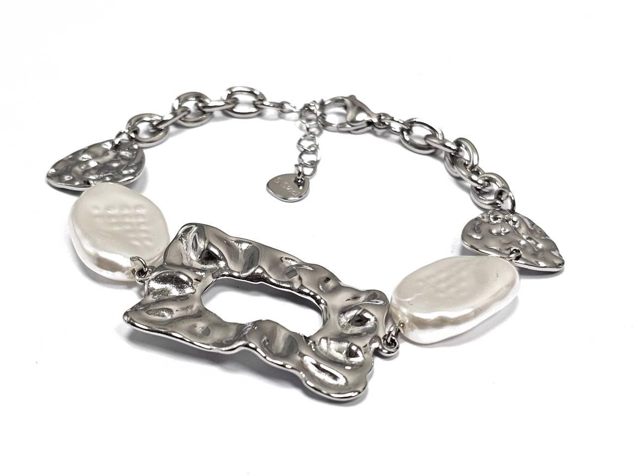 Γυναικείο Βραχιόλι με Μεταλλικές Πλάκες και Μαργαριταρένια Στοιχεία | 2512-224A