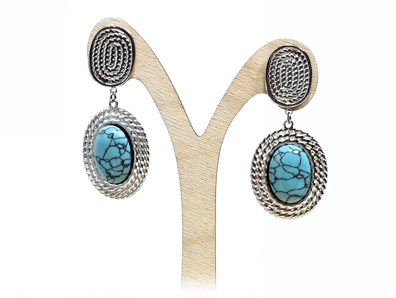 Κρεμαστά Σκουλαρίκια με Ασημί Βάση & Οβάλ Μπλε-Τυρκουάζ Πέτρα | 2512-317A