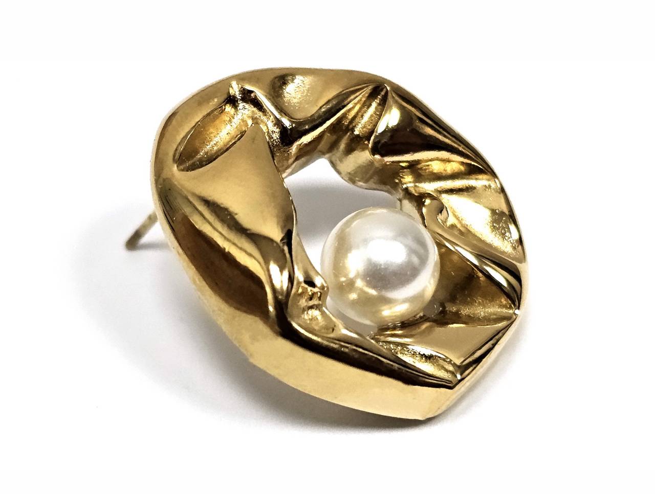 Χρυσά Ασύμμετρα Σκουλαρίκια με Μαργαριτάρι και Πτυχωτή Υφή | 2512-301X