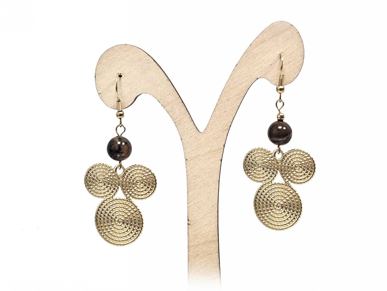 Σκουλαρίκια Πέτρα Ατσάλι 316L, σπείρα με μάτι Τίγρης σε χρώμα Χρυσαφί