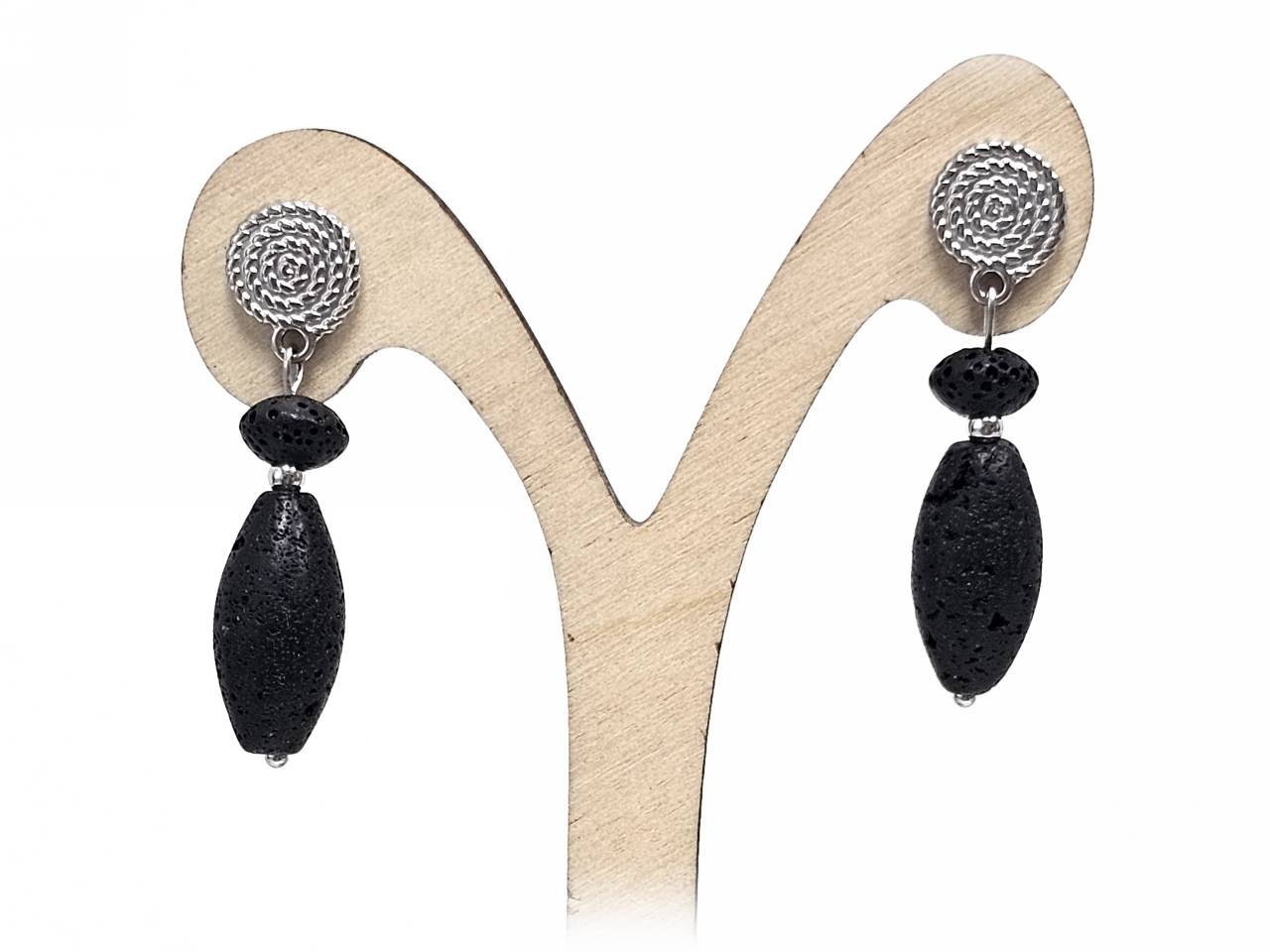 Σκουλαρίκια Πέτρα Ατσάλι 316L, σπέιρα με λάβα σε χρώμα Ασημί