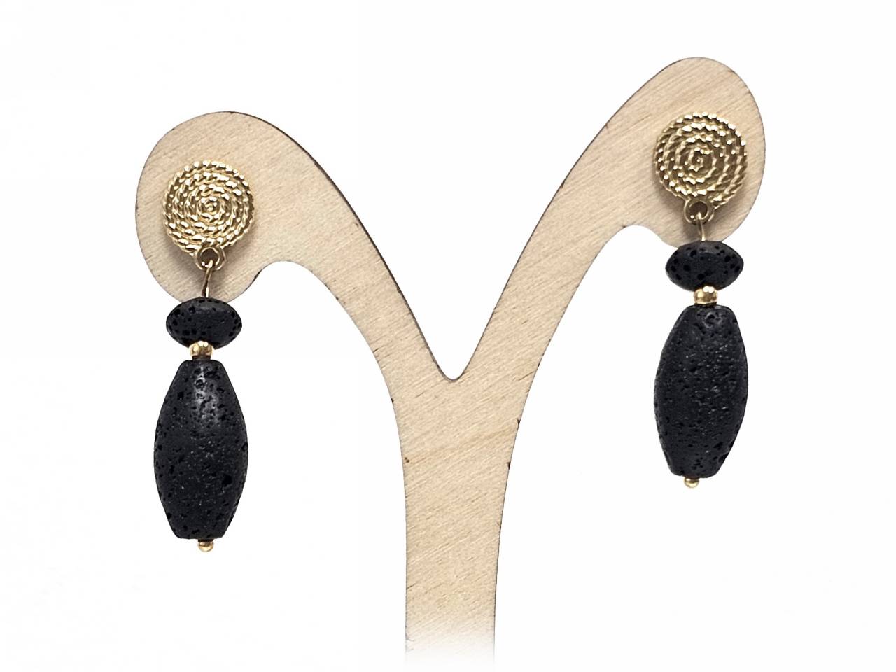 Σκουλαρίκια Πέτρα Ατσάλι 316L, σπέιρα με λάβα σε χρώμα Χρυσαφί