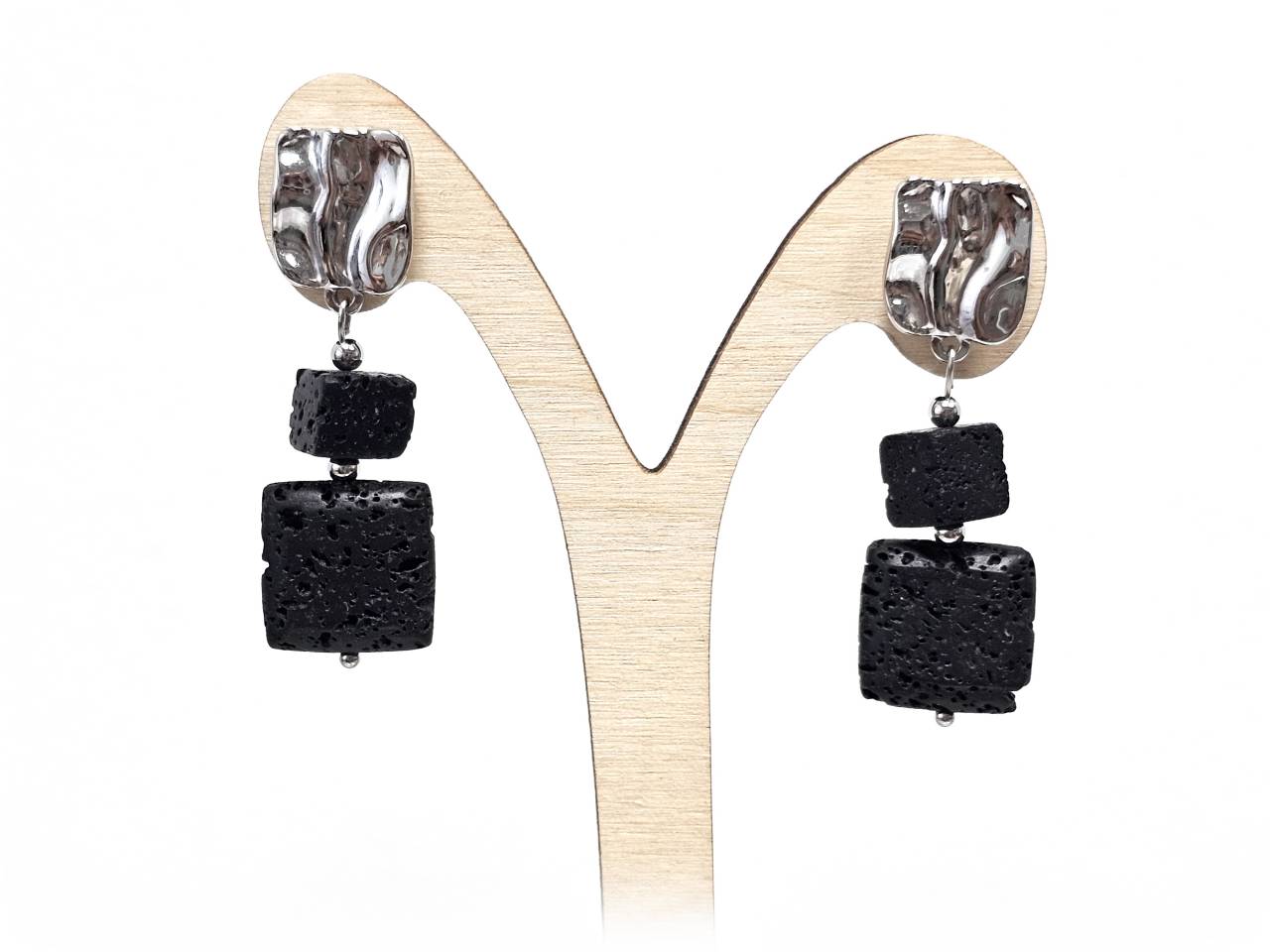 Σκουλαρίκια Πέτρα Ατσάλι 316L, με λάβα σε χρώμα Ασημί