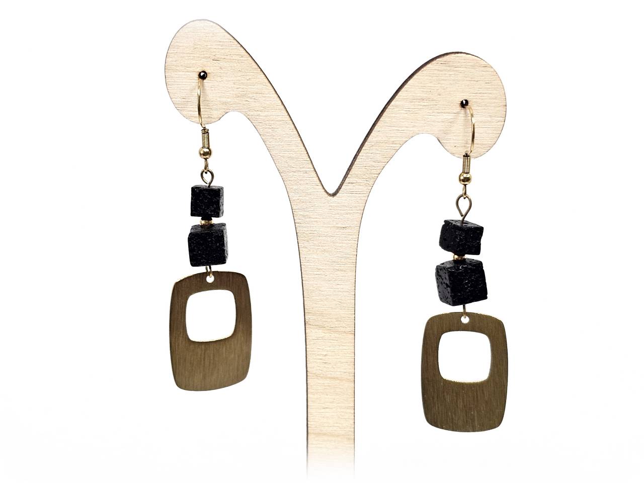 Σκουλαρίκια Πέτρα Ατσάλι 316L, με λάβα σε χρώμα Χρυσαφί