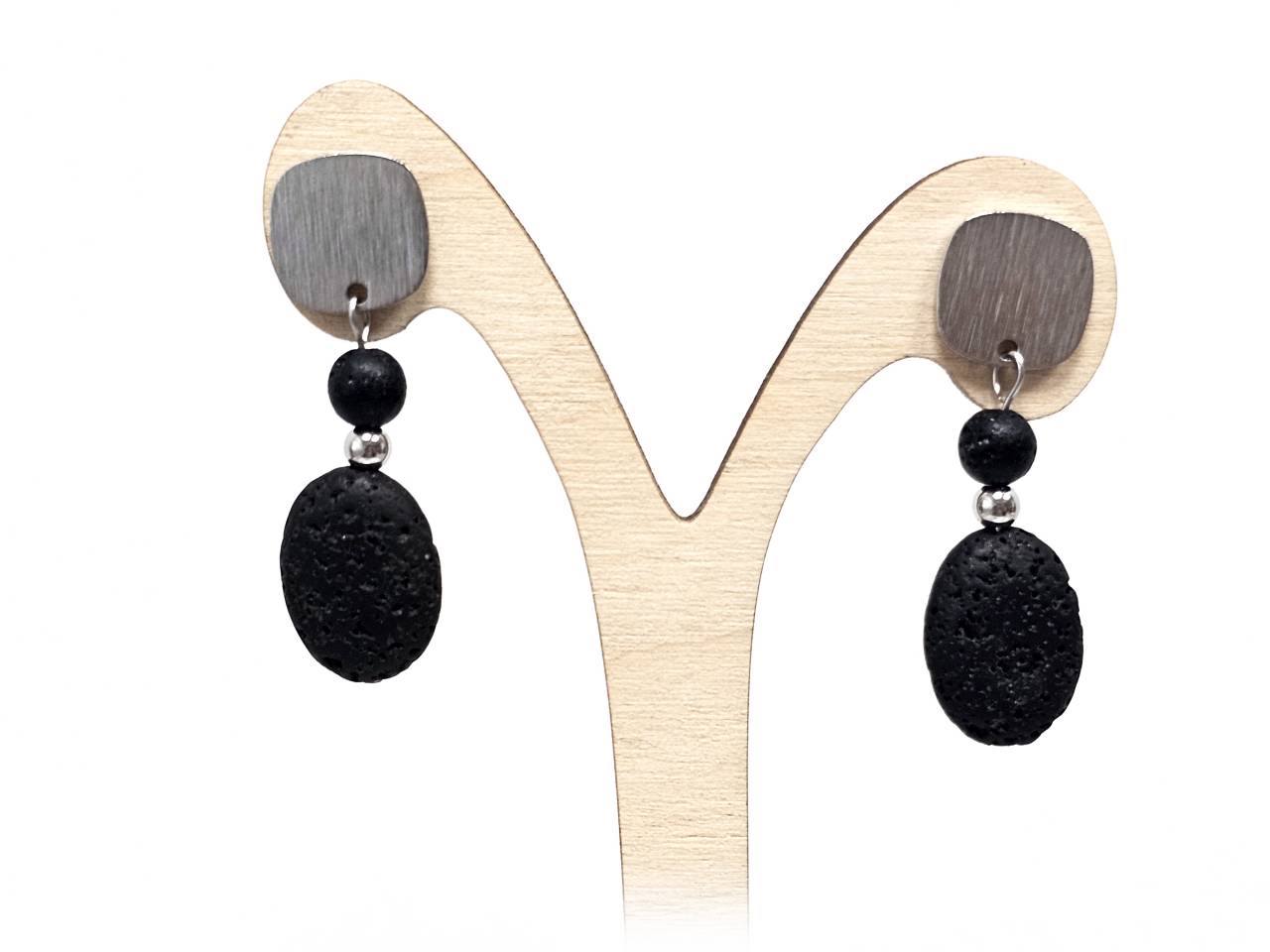 Σκουλαρίκια Πέτρα Ατσάλι 316L, με λάβα σε χρώμα Ασημί