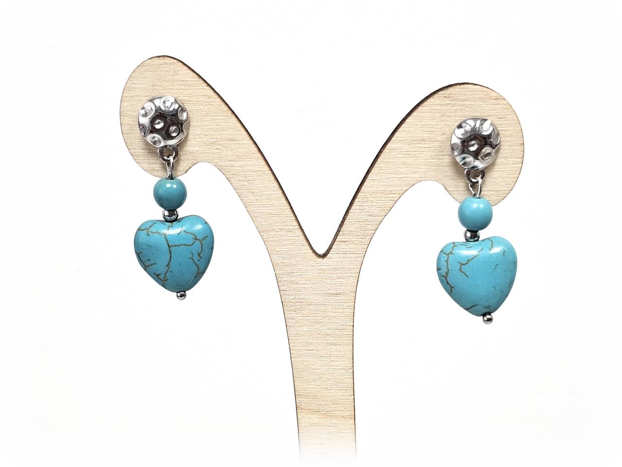 Σκουλαρίκια Πέτρα Ατσάλι 316L, καρδιά με τυρκουάζ σε χρώμα Ασημί