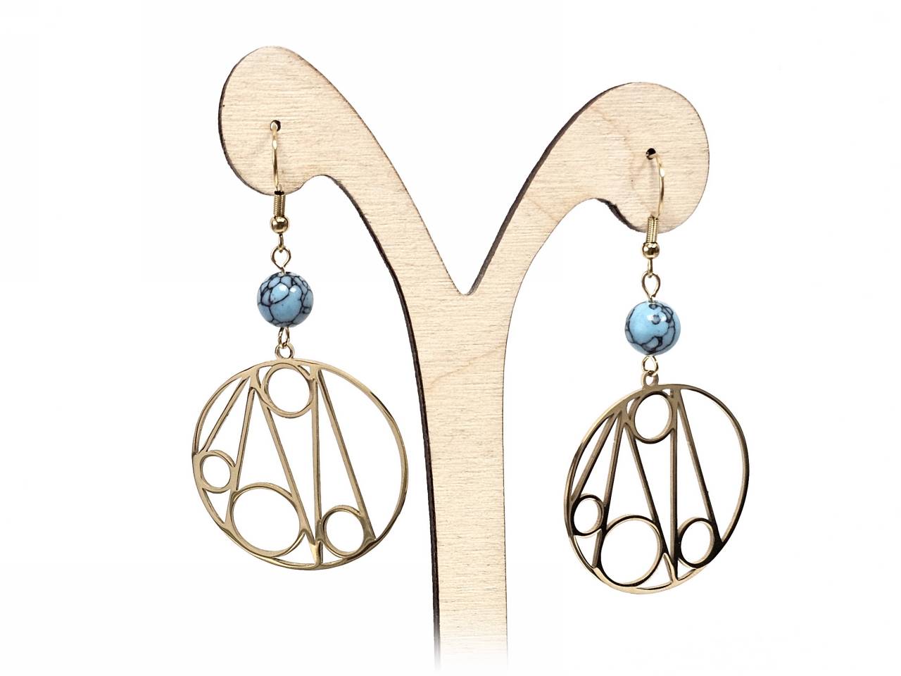 Σκουλαρίκια Πέτρα Ατσάλι 316L, με τυρκουάζ σε χρώμα Χρυσαφί