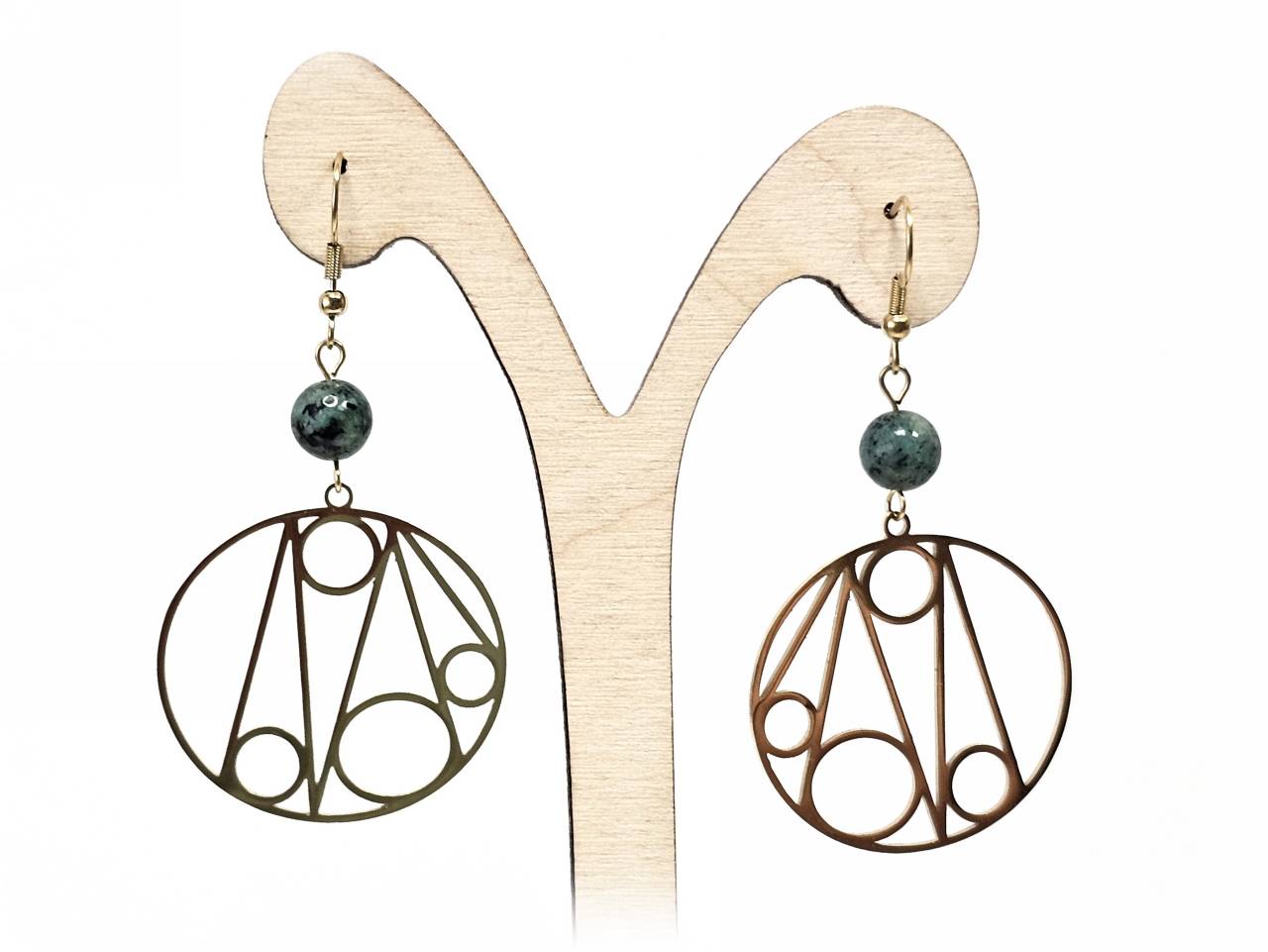 Σκουλαρίκια Πέτρα Ατσάλι 316L, με μαλαχίτης σε χρώμα Χρυσαφί