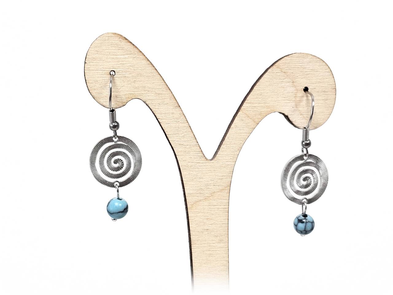 Σκουλαρίκια Πέτρα Ατσάλι 316L, σπείρα με τυρκουάζ σε χρώμα Ασημί