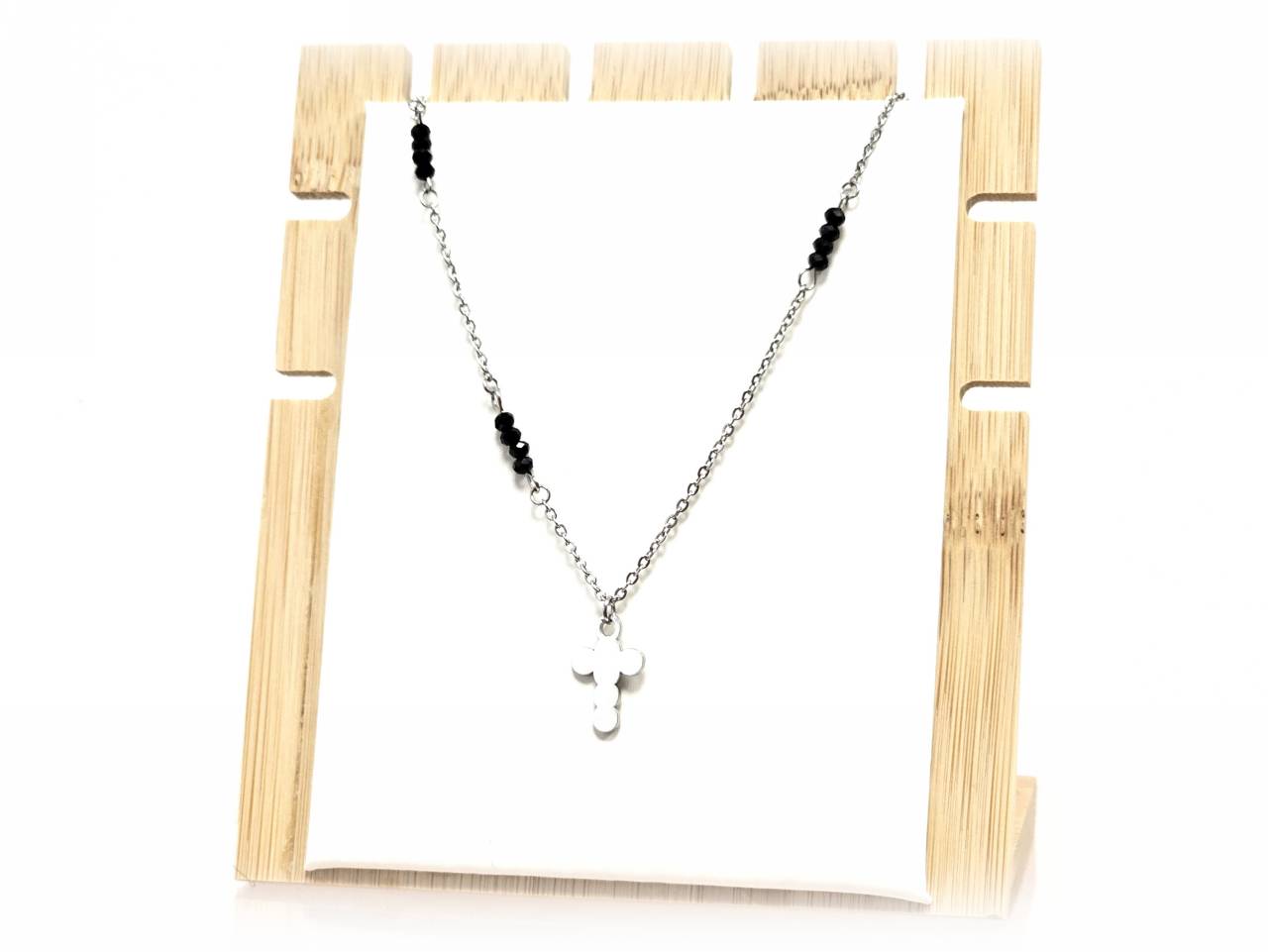 Κολιέ Ατσάλι 316L, αλυσίδα με σταυρό και κρυσταλλάκι σε χρώμα Ασημί