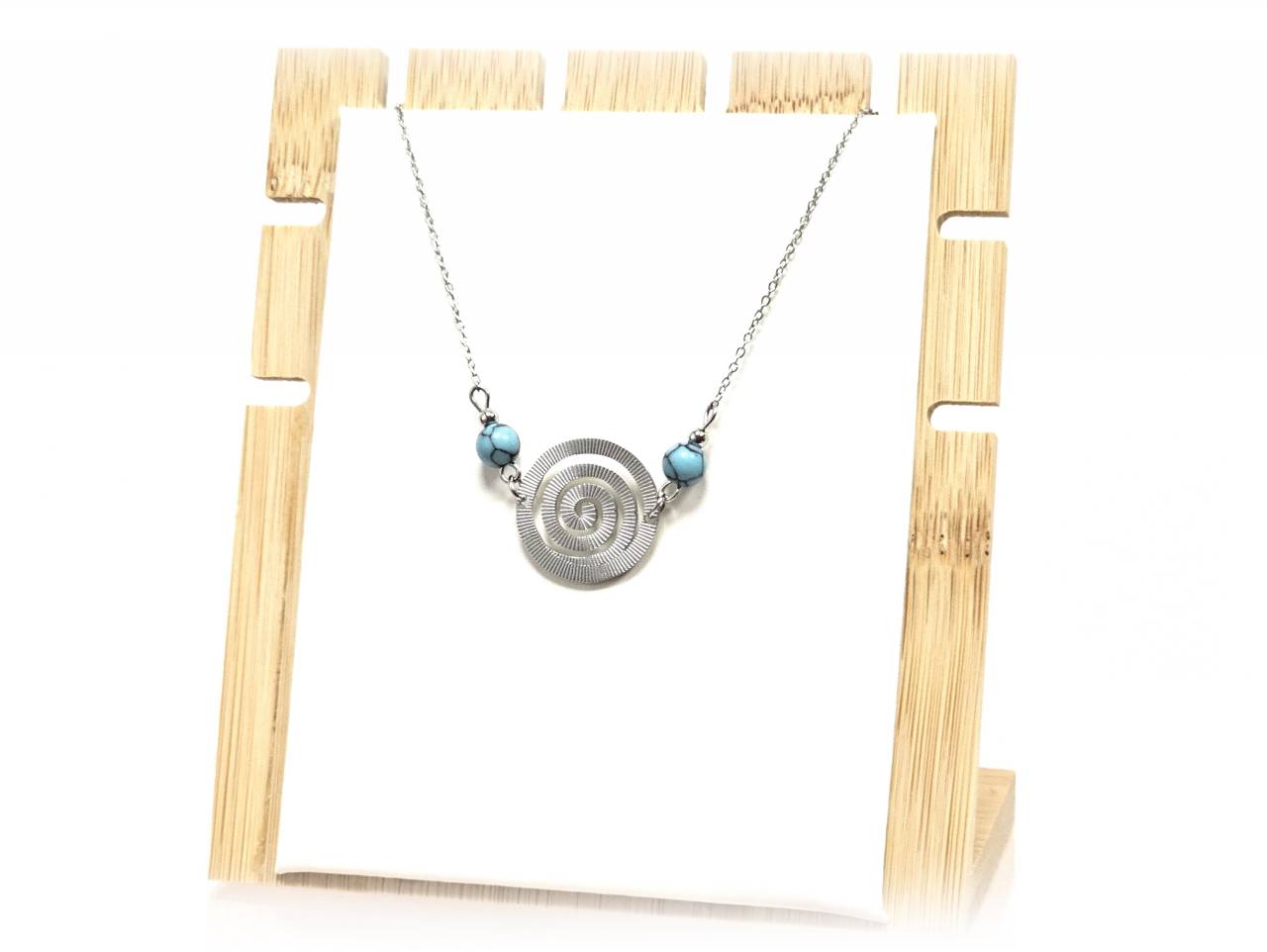 Κολιέ Πέτρα 316L, αλυσίδα με σπείρα και τυρκουάζ σε χρώμα Ασημί