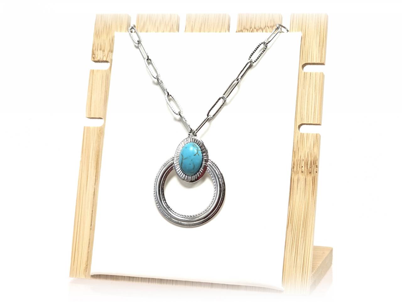 Κολιέ Πέτρα 316L, αλυσίδα με τυρκουάζ σε χρώμα Ασημί