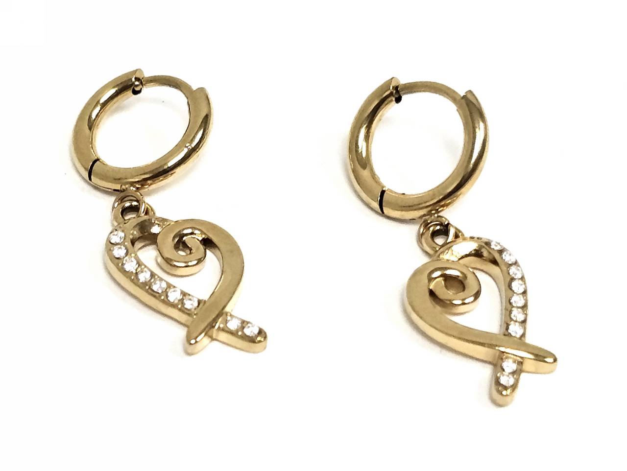 Σκουλαρίκια Ατσάλι 316L, κρίκος με καρδιά και στρας σε χρώμα Χρυσαφί