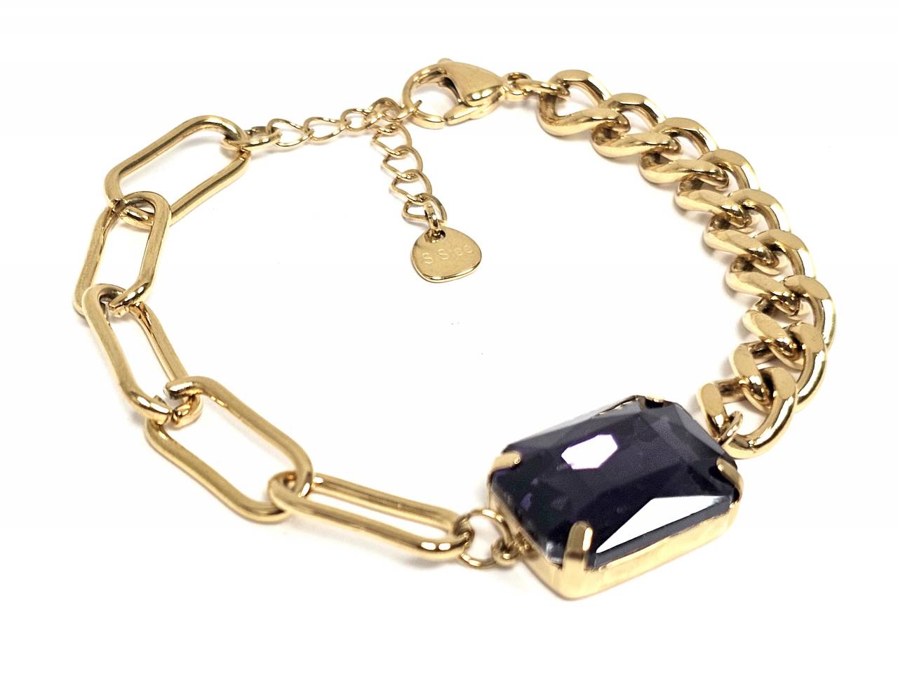 Βραχιόλι Ατσάλι 316L, αλυσίδα με μωβ κρυσταλλάκι σε χρώμα Χρυσαφί