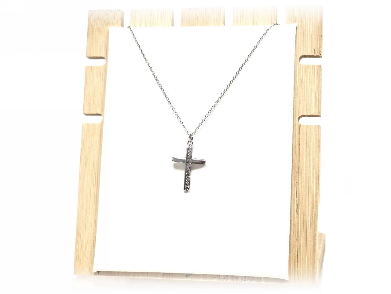 Κολιέ Ατσάλι 316L , αλυσίδα με σταυρό και στρας σε χρώμα Ασημί