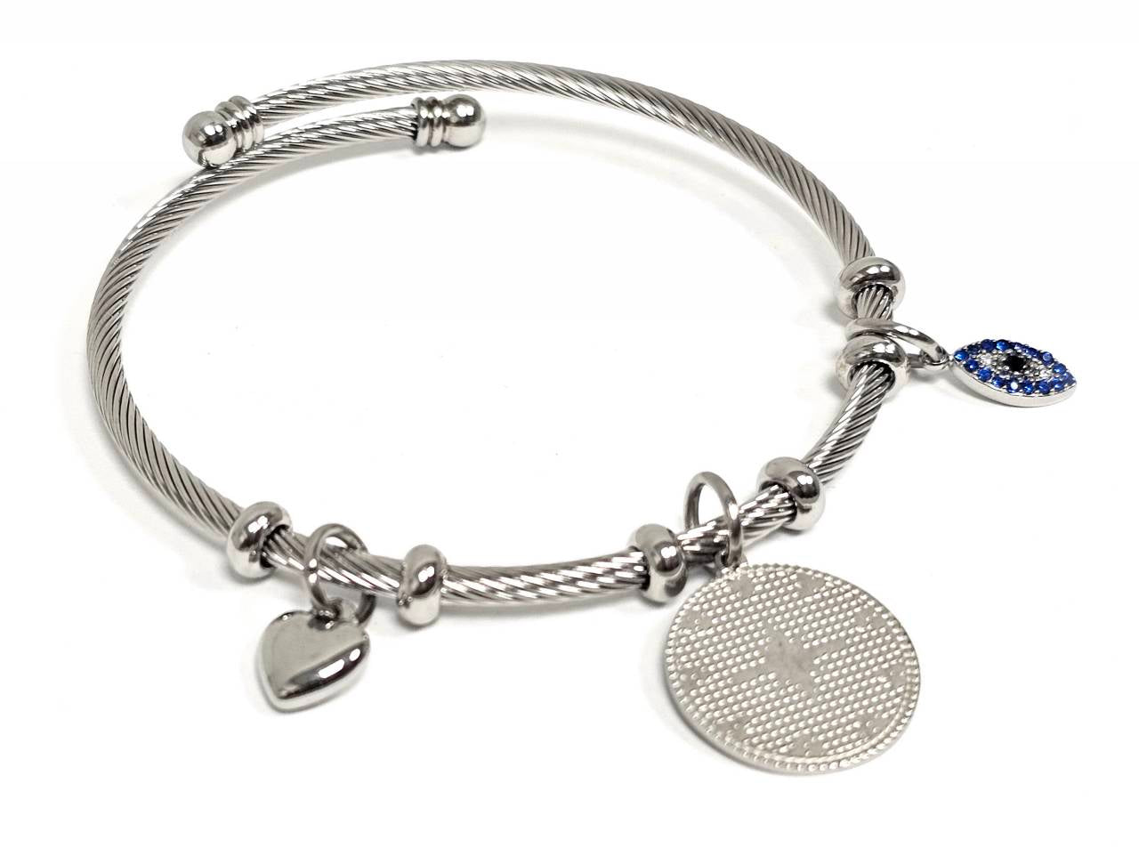 Βραχιόλι Ατσάλι 316L, με καρδιά , μάτι και στρας σε χρώμα Ασημί