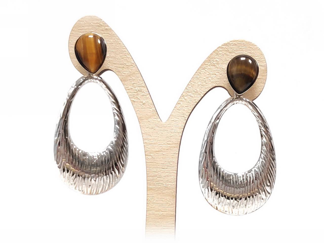Γυναικεία Σκουλαρίκια με Διάφανη Καφέ Πέτρα και Μεταλλικό Στοιχείο Σχήματος Σταγόνας | 2412-150A