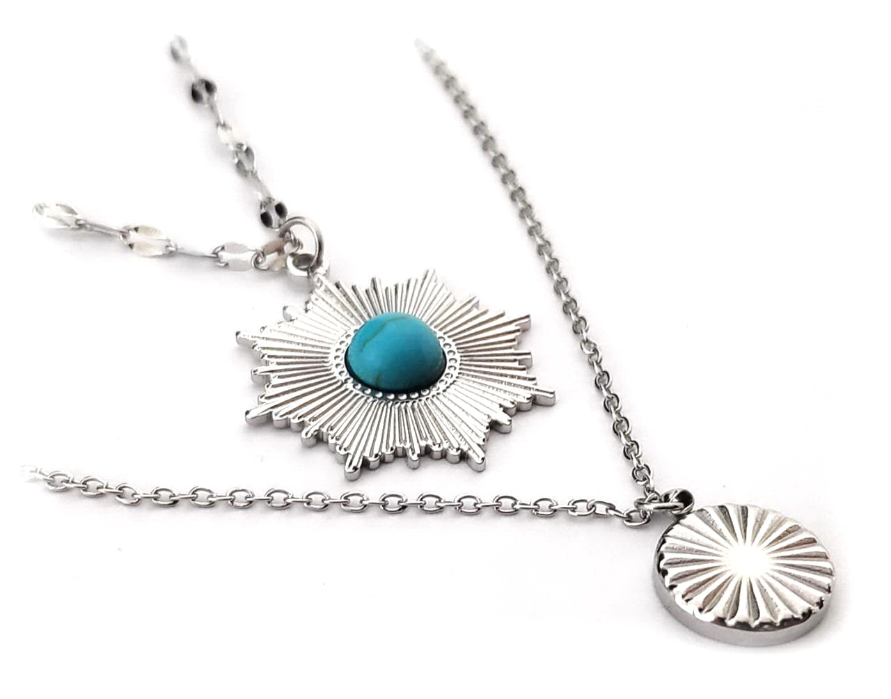 Κολιέ Ατσάλι 316L, διπλή αλυσίδα με τυρκουάζ σε χρώμα Ασημί, Μήκος 45cm