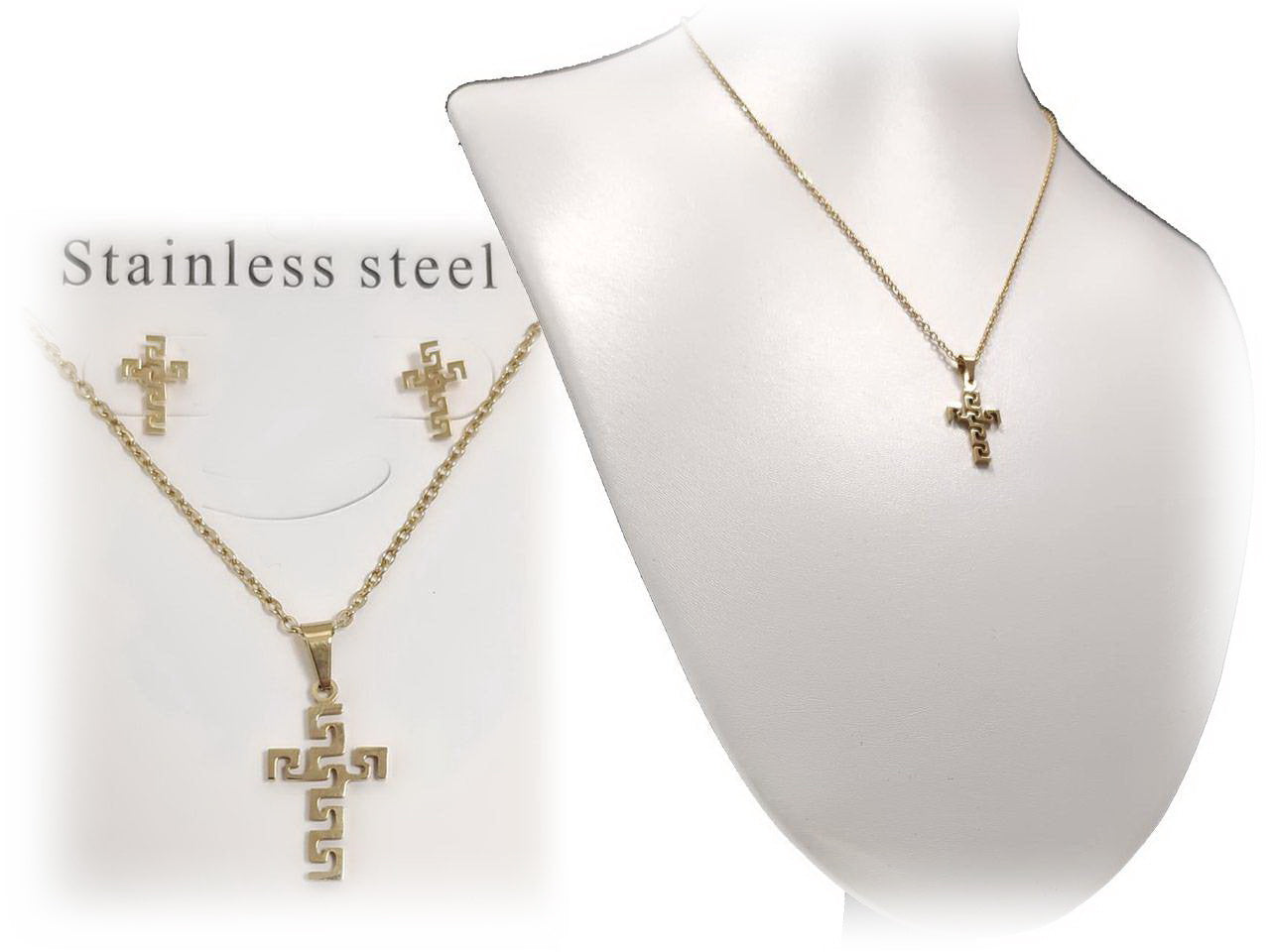 Κολιέ Ατσάλι 316L, σταυρός με σκουλαρίκια σε χρώμα Χρυσαφί, Μήκος 40cm