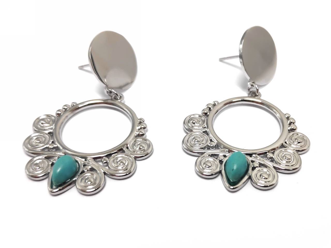 Σκουλαρίκια Ατσάλι 316L, με τυρκουάζ σε χρώμα Ασημί