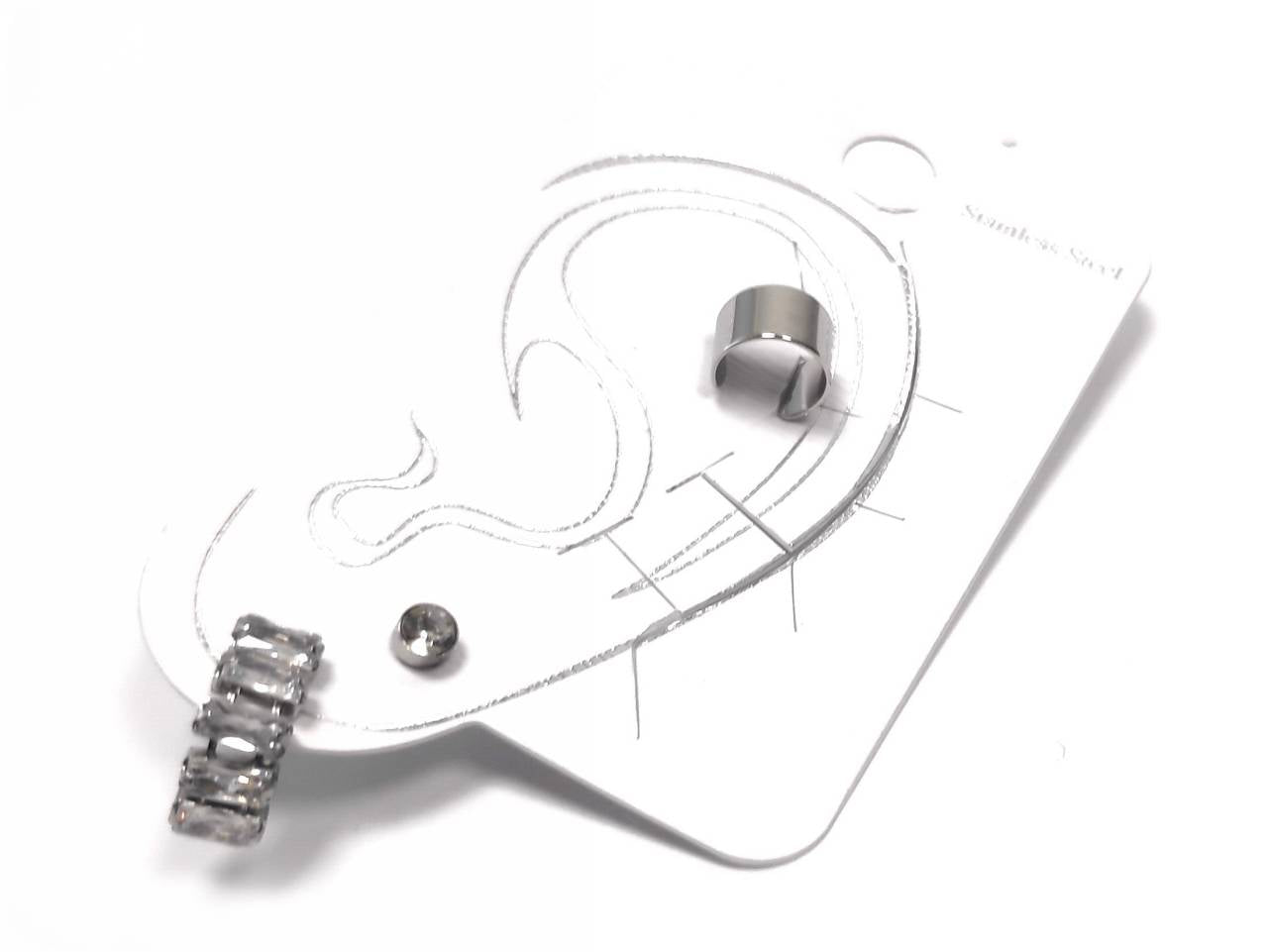 Σκουλαρίκια Ατσάλι 316L, 3 τεμάχια (κρίκος Cuff, κρυσταλλάκι και στρας) σε χρώμα Ασημί