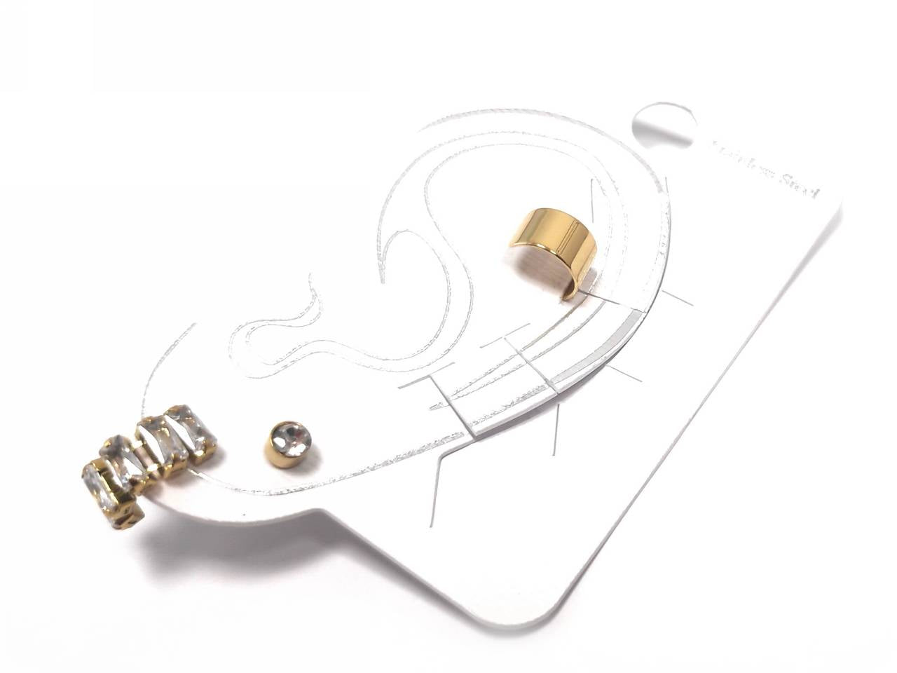 Σκουλαρίκια Ατσάλι 316L, 3 τεμάχια (κρίκος Cuff, κρυσταλλάκι και στρας) σε χρώμα Χρυσαφί