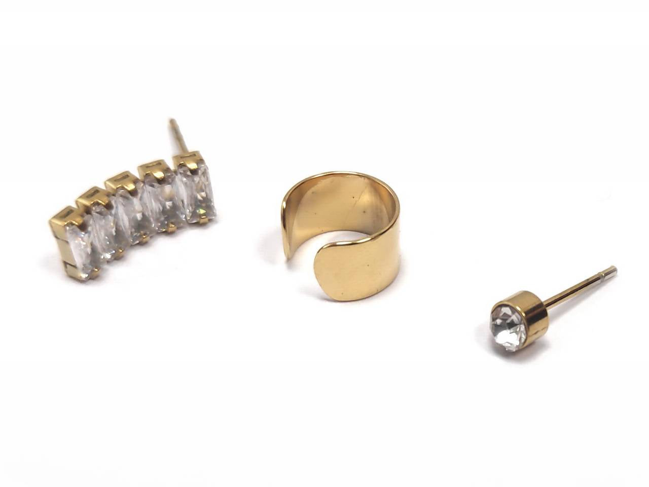 Σκουλαρίκια Ατσάλι 316L, 3 τεμάχια (κρίκος Cuff, κρυσταλλάκι και στρας) σε χρώμα Χρυσαφί