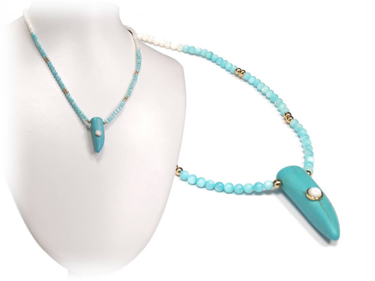 Κολιέ Ατσάλι 316L, αλυσίδα με τυρκουάζ δόντι και κρυσταλλάκια σε χρώμα Χρυσαφί, Μήκος 40cm