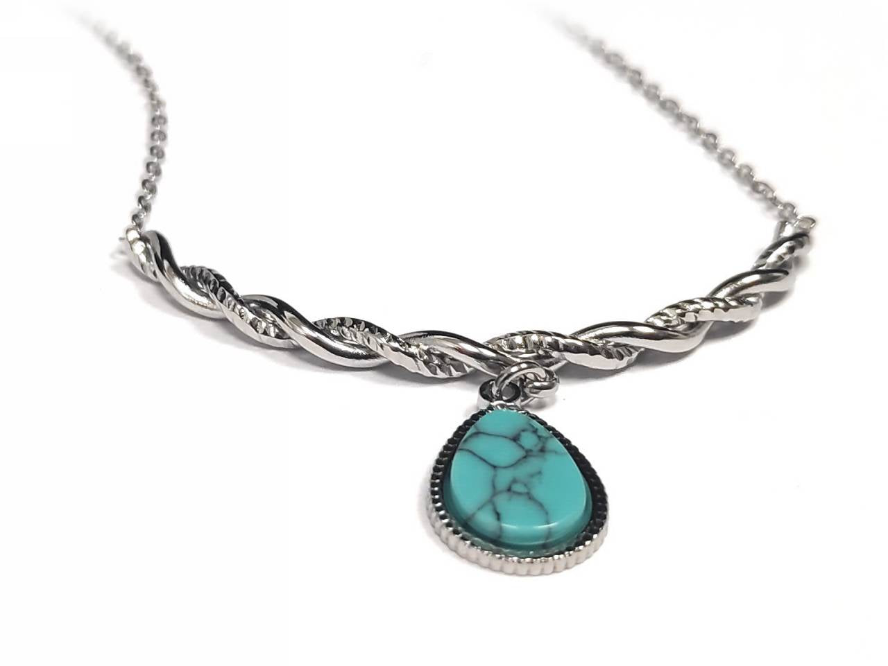 Κολιέ Ατσάλι 316L, αλυσίδα με τυρκουάζ σε χρώμα Ασημί, Μήκος 40cm