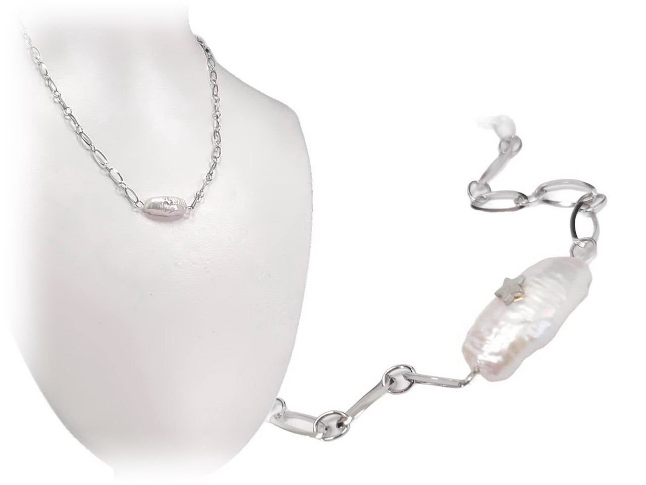 Κολιέ Ατσάλι 316L, αλυσίδα με μαργαριτάρι σε χρώμα Ασημί, Μήκος 40cm