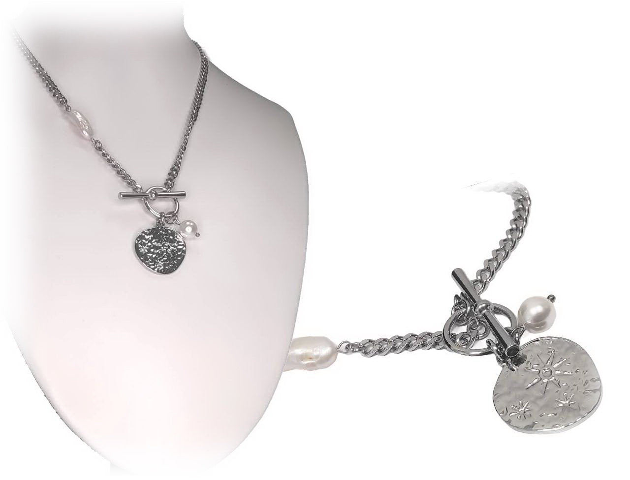 Κολιέ Ατσάλι 316L, αλυσίδα με πέρλα σε χρώμα Ασημί, Μήκος 40cm