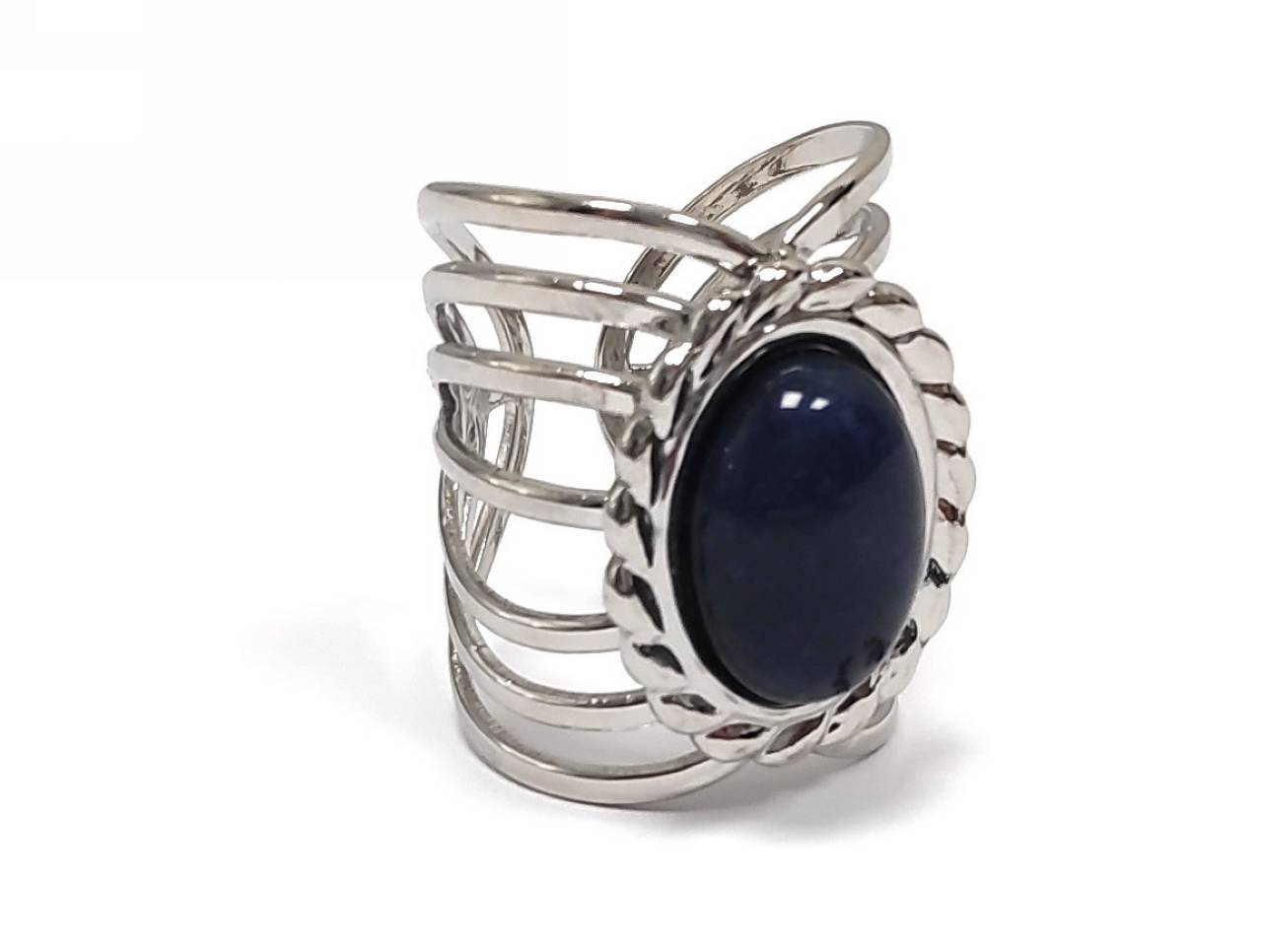 Γυναικείο Ασημένιο Δαχτυλίδι με Πολλαπλές Λωρίδες και Οβάλ Σκούρα Μπλε Πέτρα | 2412-041A