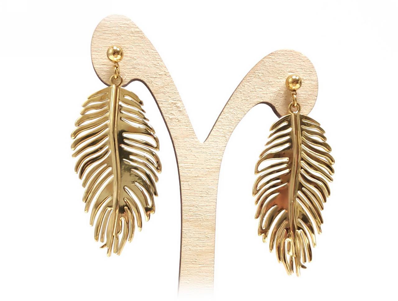 Κομψά Χρυσά Σκουλαρίκια Φτερό με Λεπτομερή Κοπή και Ενωτίδια | 2412-131X