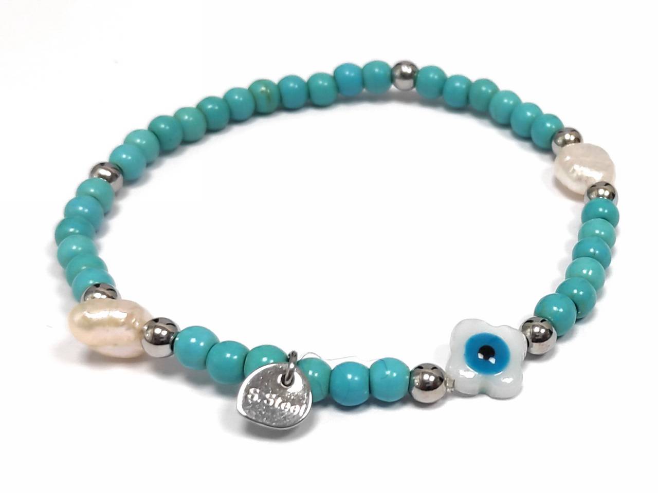 Γυναικείο Βραχιόλι με Γαλάζιες Χάντρες και Μεταλλικά Στοιχεία Ασημί Απόχρωσης με Διακοσμητική Περλένια και Λουλουδάτη Χάντρα | 2412-308A
