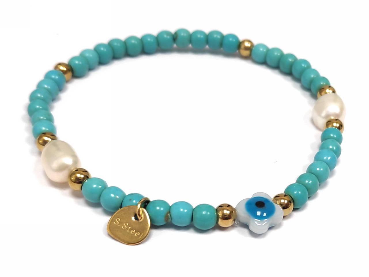 Γυναικείο Βραχιόλι με Γαλάζιες Χάντρες, Λευκές Πέρλες και Χρυσές Μεταλλικές Λεπτομέρειες | 2412-308X