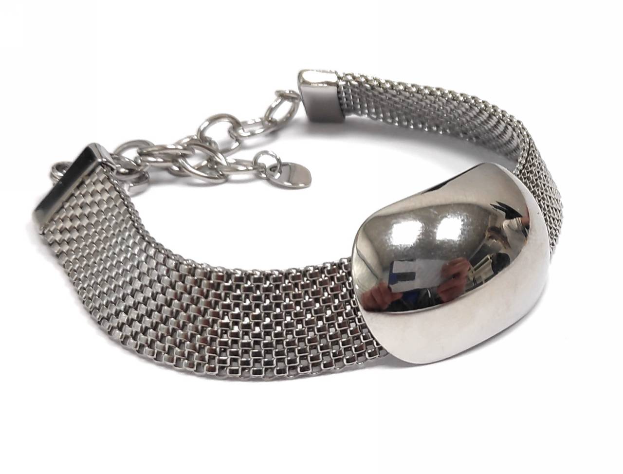 Μοντέρνο Γυναικείο Βραχιόλι με Οβάλ Γυαλιστερή Πλάκα και Διχτυωτή Μεταλλική Λουρίδα - Ρυθμιζόμενο Κλείσιμο | 2412-321A