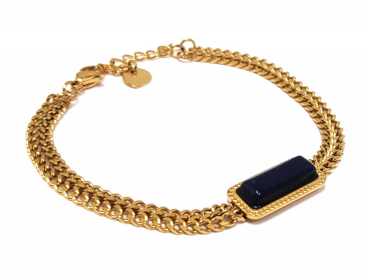 Χρυσό Γυναικείο Βραχιόλι με Πλεκτή Αλυσίδα και Σκουρόχρωμο Ορθογώνιο Πετράδι | 2412-343X