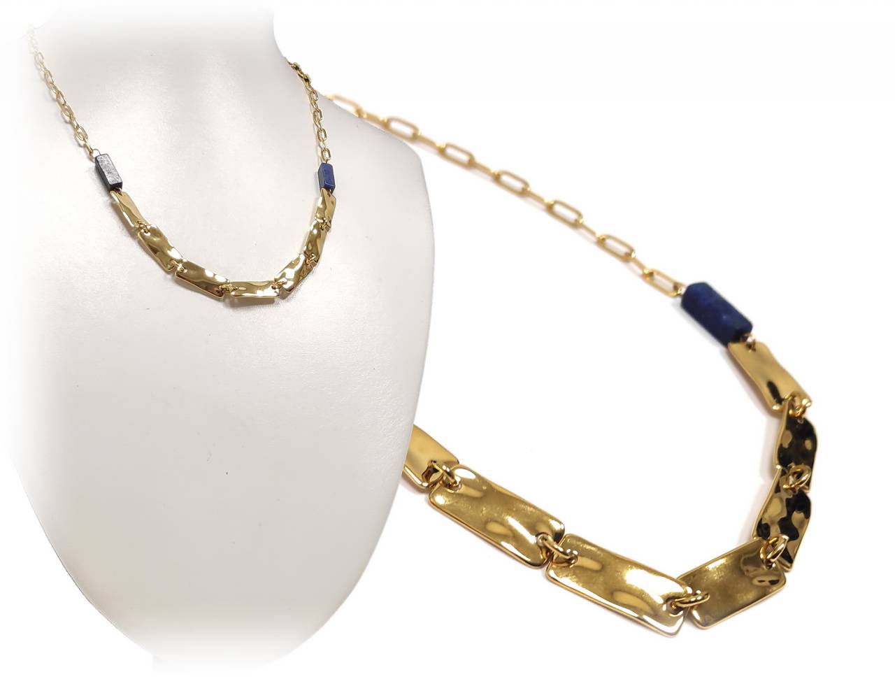 Κομψό Γυναικείο Κολιέ με Χρυσή Αλυσίδα και Σκούρα Μπλε Ορθογώνιες Πέτρες | 2412-558X