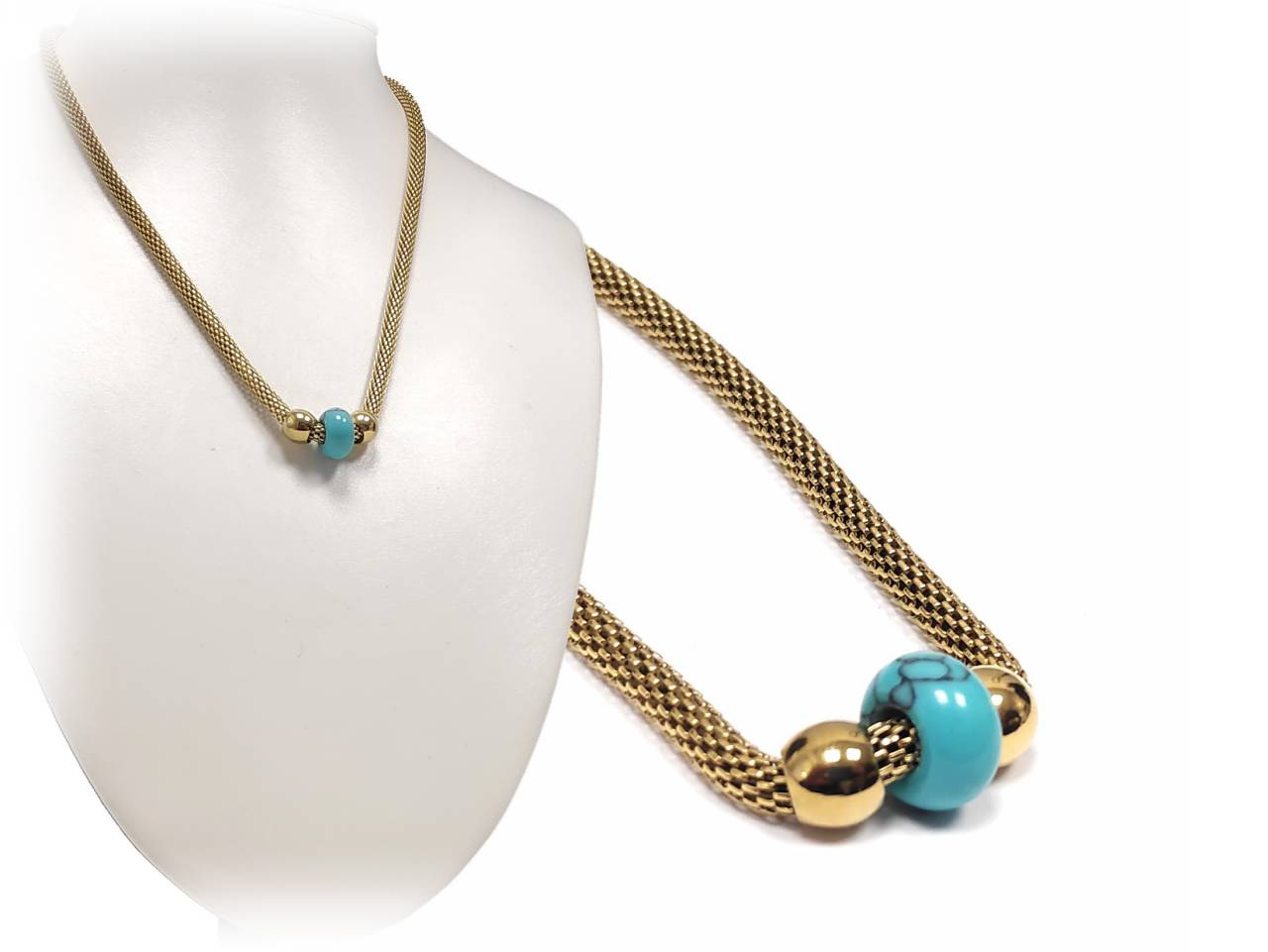 Κολιέ με Χρυσή Αλυσίδα και Τιρκουάζ Μπάλα Στολισμένο με Μεταλλικές Σφαίρες | 2412-566X