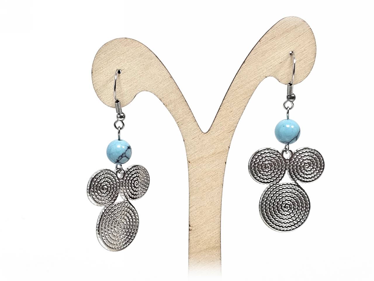 Σκουλαρίκια Πέτρα Ατσάλι 316L, σπέιρα με  τυρκουάζ σε χρώμα Ασημί