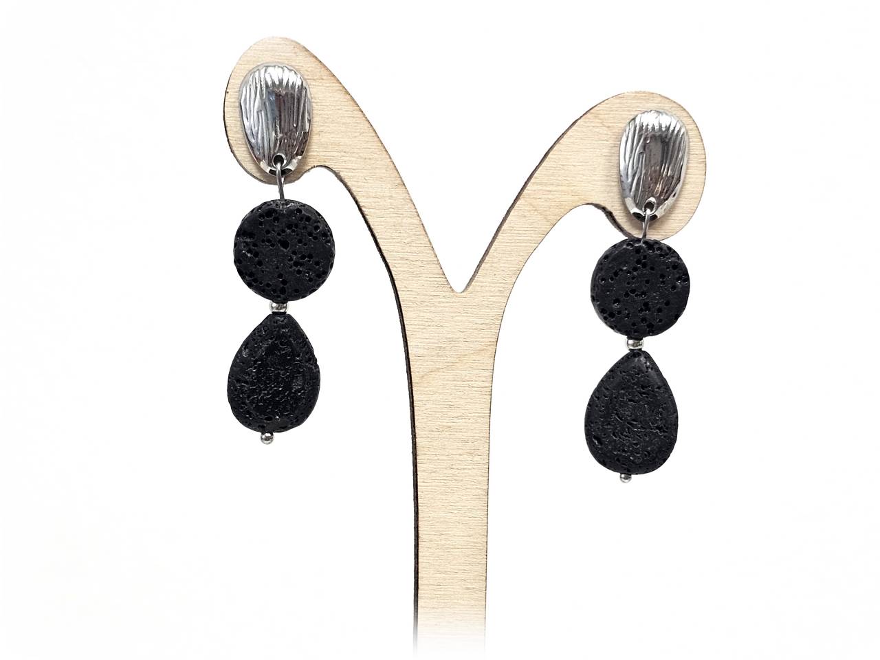 Σκουλαρίκια Πέτρα Ατσάλι 316L, με λάβα σε χρώμα Ασημί