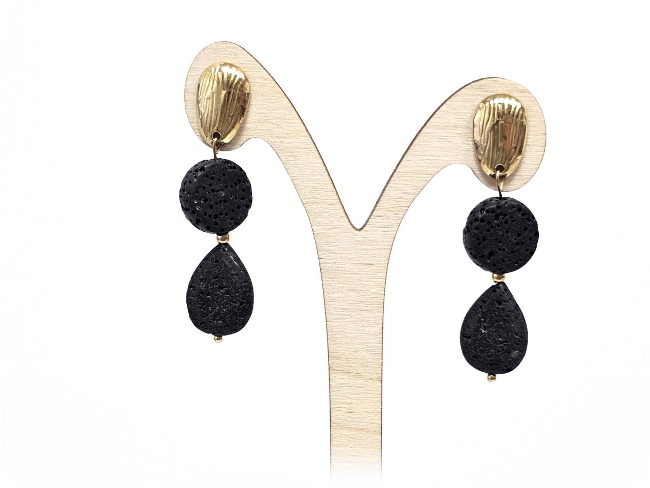 Σκουλαρίκια Πέτρα Ατσάλι 316L, με λάβα σε χρώμα Χρυσαφί