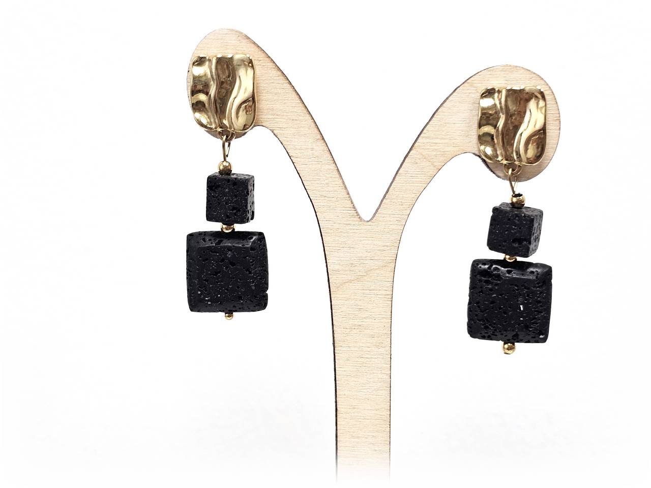 Σκουλαρίκια Πέτρα Ατσάλι 316L, με λάβα σε χρώμα Χρυσαφί