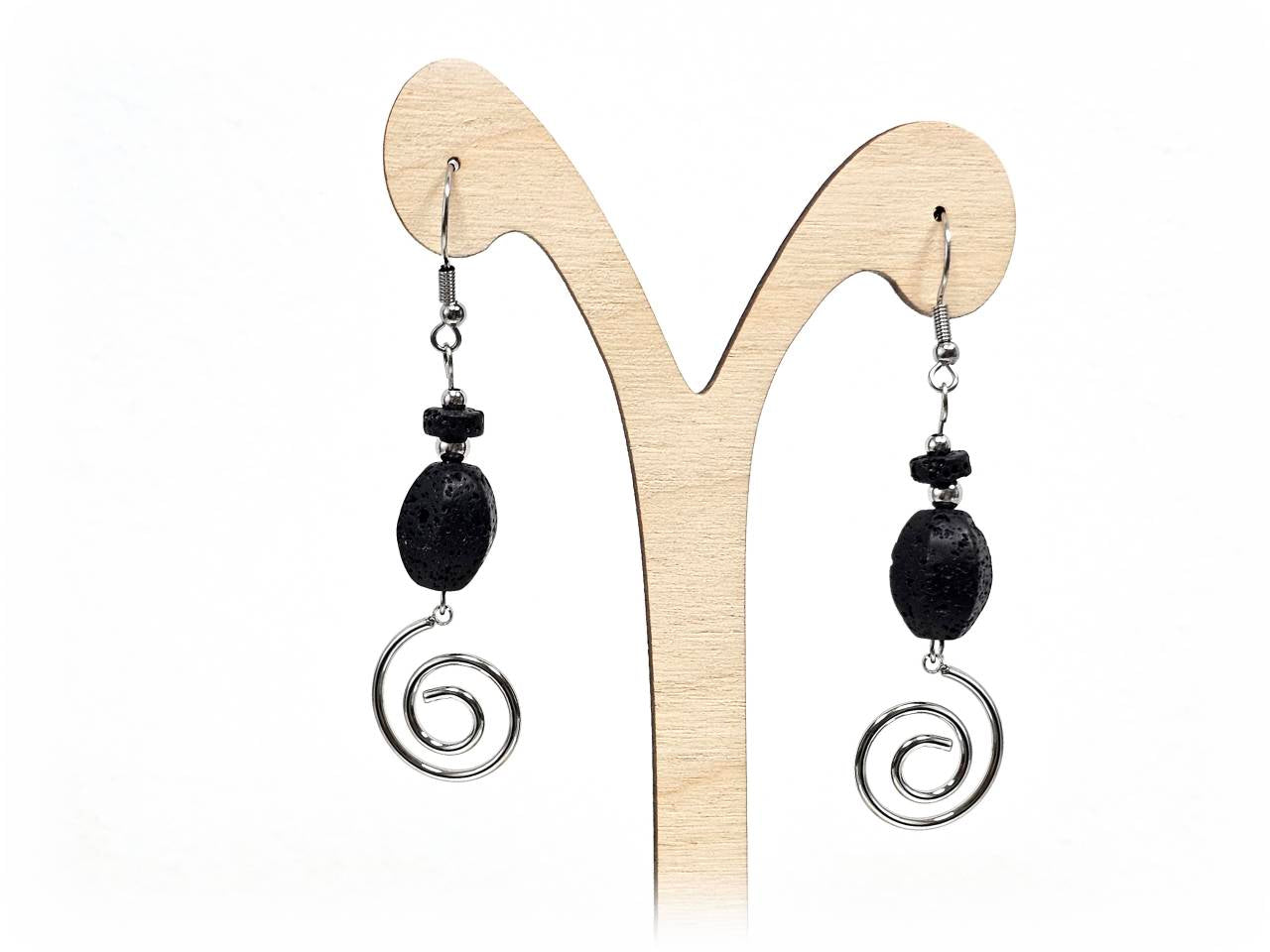 Σκουλαρίκια Πέτρα Ατσάλι 316L, σπέιρα με  λάβα σε χρώμα Ασημί