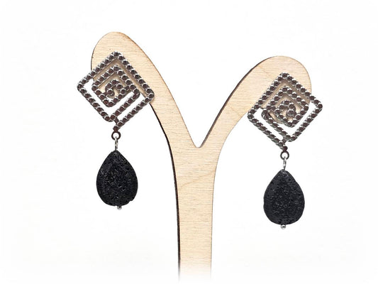 Σκουλαρίκια Πέτρα Ατσάλι 316L, μαίανδρος με  λάβα σε χρώμα Ασημί