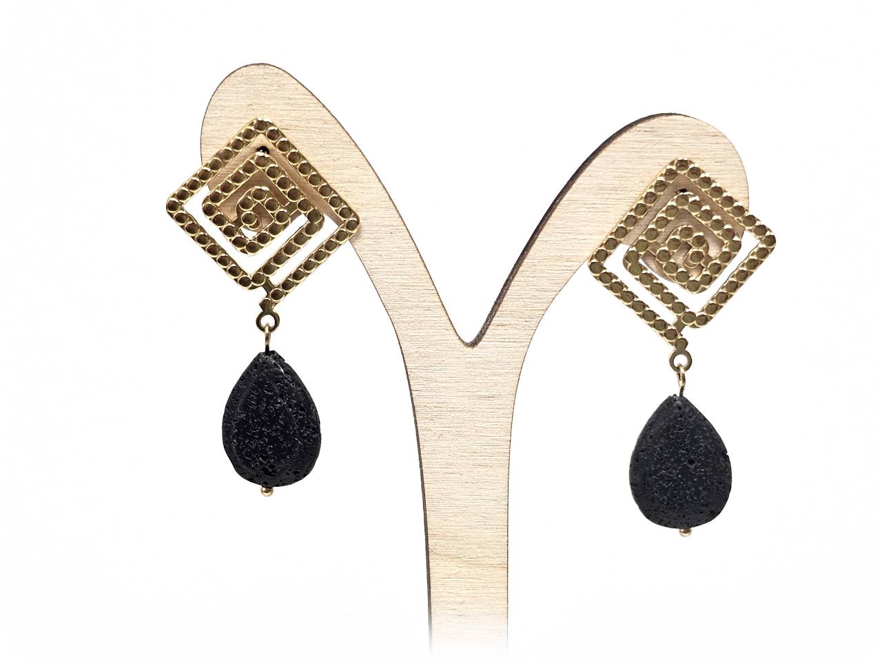 Σκουλαρίκια Πέτρα Ατσάλι 316L, μαίανδρος με  λάβα σε χρώμα Χρυσαφί