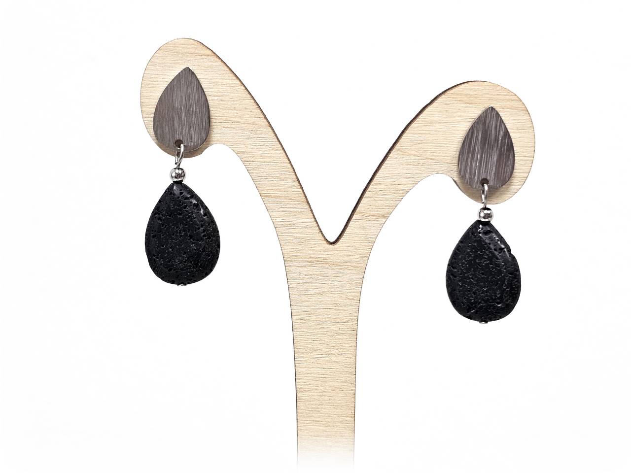 Σκουλαρίκια Πέτρα Ατσάλι 316L, με λάβα σε χρώμα Ασημί