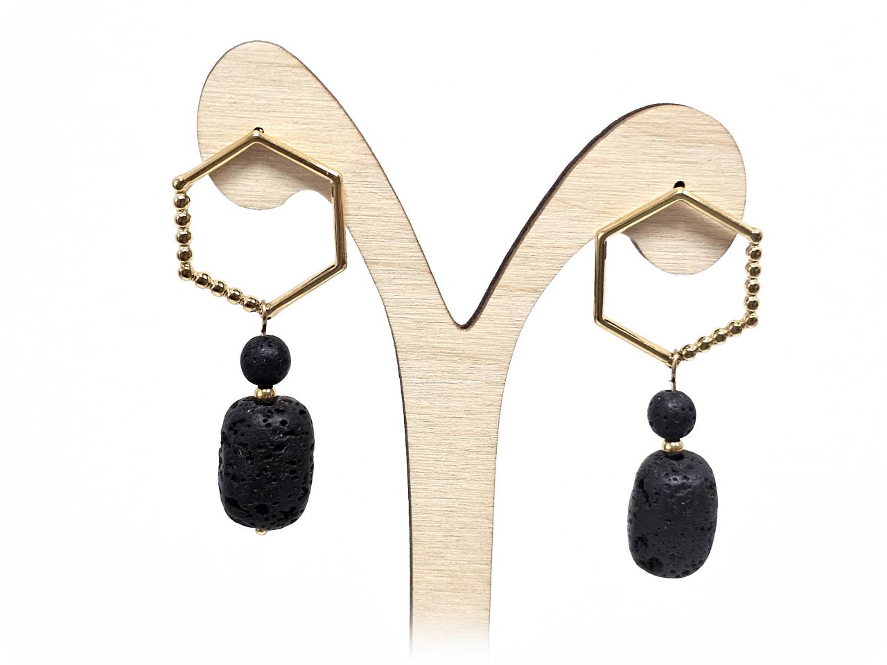 Σκουλαρίκια Πέτρα Ατσάλι 316L, με λάβα σε χρώμα Χρυσαφί