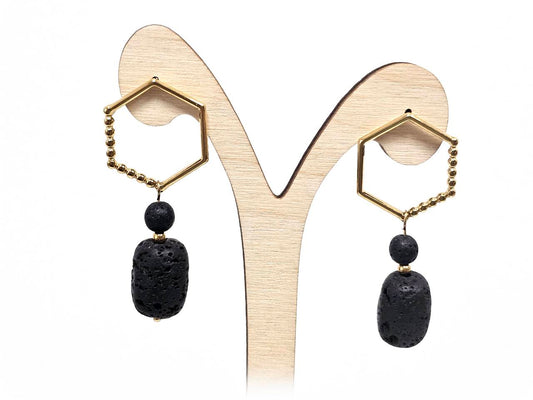 Σκουλαρίκια Πέτρα Ατσάλι 316L, με λάβα σε χρώμα Χρυσαφί